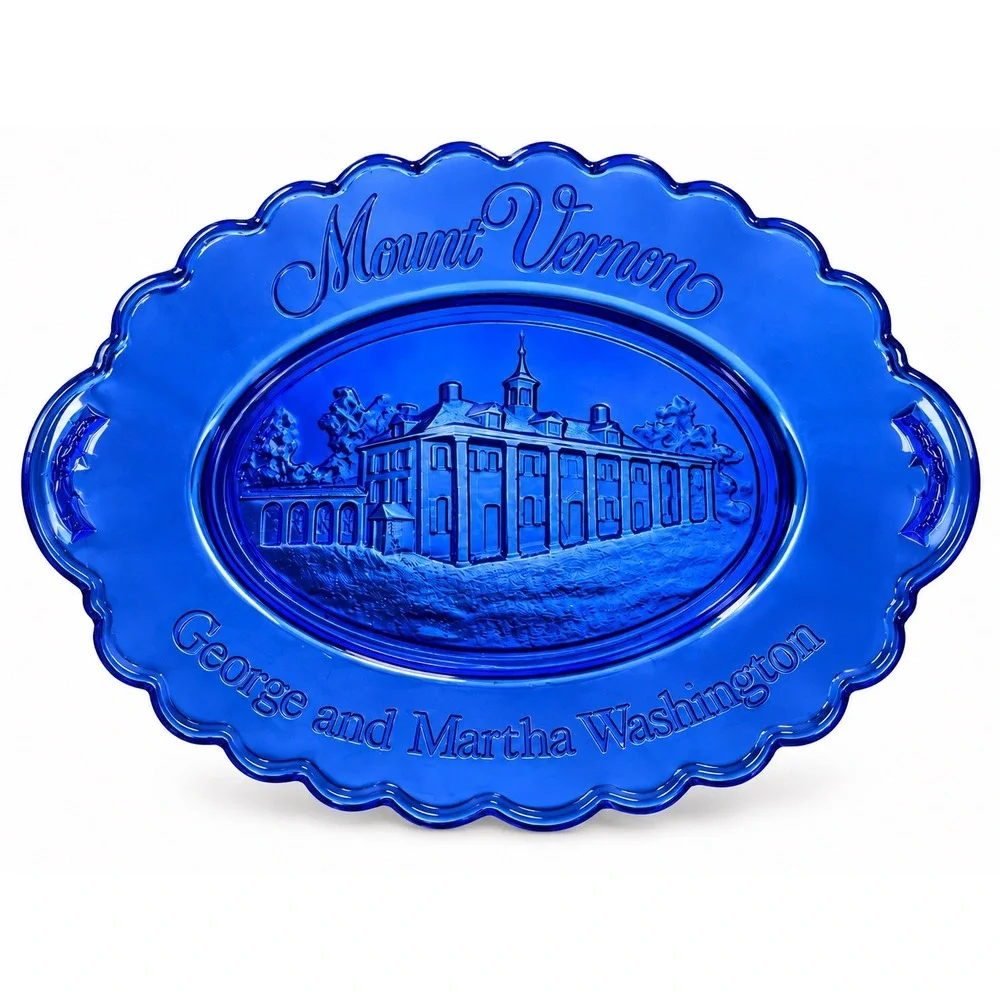 Avon Mount Vernon George Martha Washington Cobalt Blue Glass Platter Vintage
